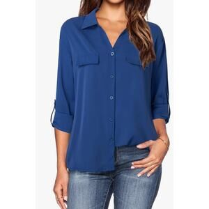 Women's Dressy Lapel Button Down Shirts for Work Office Business Casual Blue